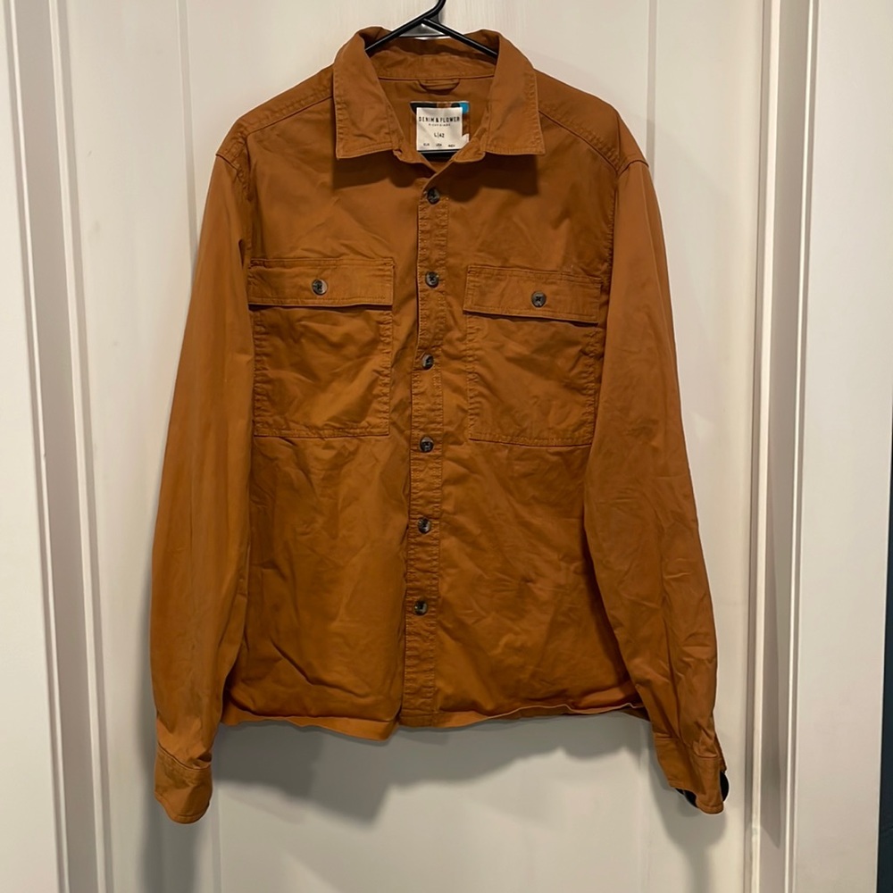 L 42 denim & flower men’s shirt. Ochre / cider color.